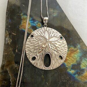 Sterling Silver 925 Large Diamond Cut Sand Dollar Pendant Necklace 24" Chain
